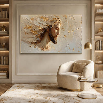 Peaceful Sacred Painting Gold Canvas – Gold and Grey Abstract 3D Texture Wall Art | Impasto Painting, view 1