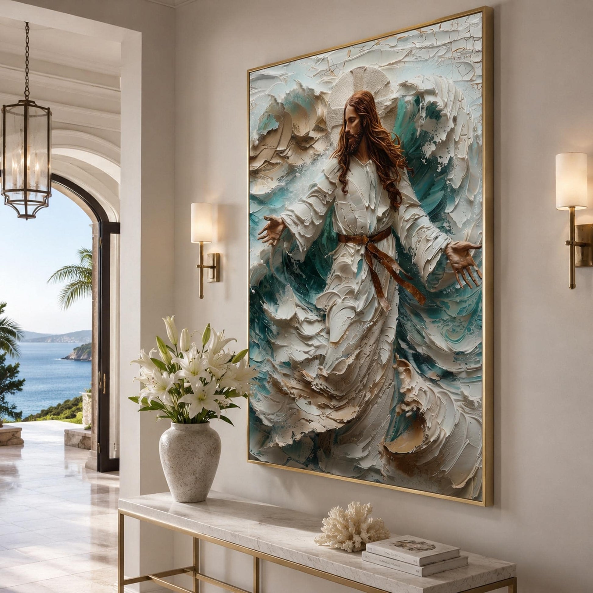 Divine Figure Painting – Blue and White Ocean Wave Seascape Wall Art | Impasto Hand-Painted Painting, view 2