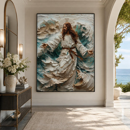 Blue and White Impasto Ocean Wave Seascape Wall Art – Divine Figure Painting