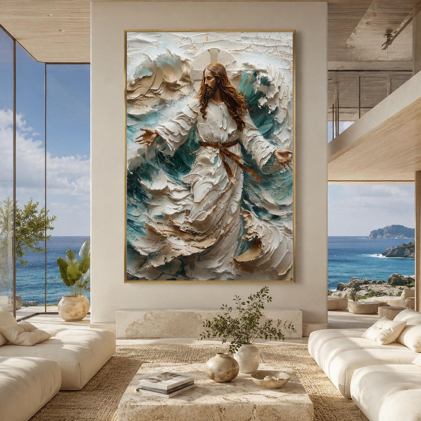 Divine Figure Painting – Blue and White Ocean Wave Seascape Wall Art | Impasto Hand-Painted Painting, view 1