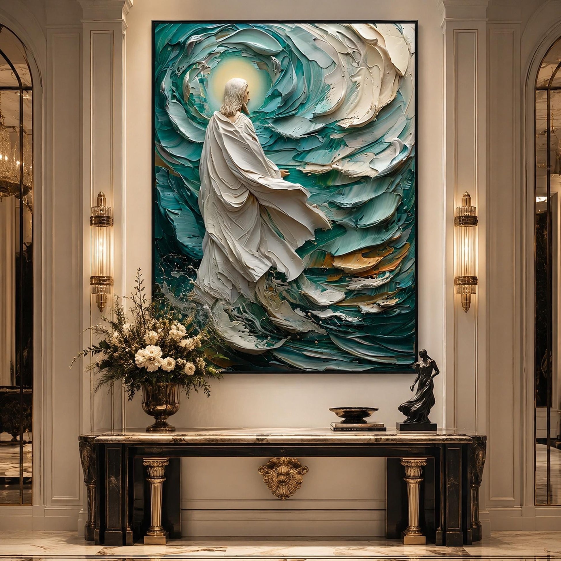 Divine Walk Canvas Teal – Emerald and Teal Ocean Wall Art | Impasto Painting, view 4