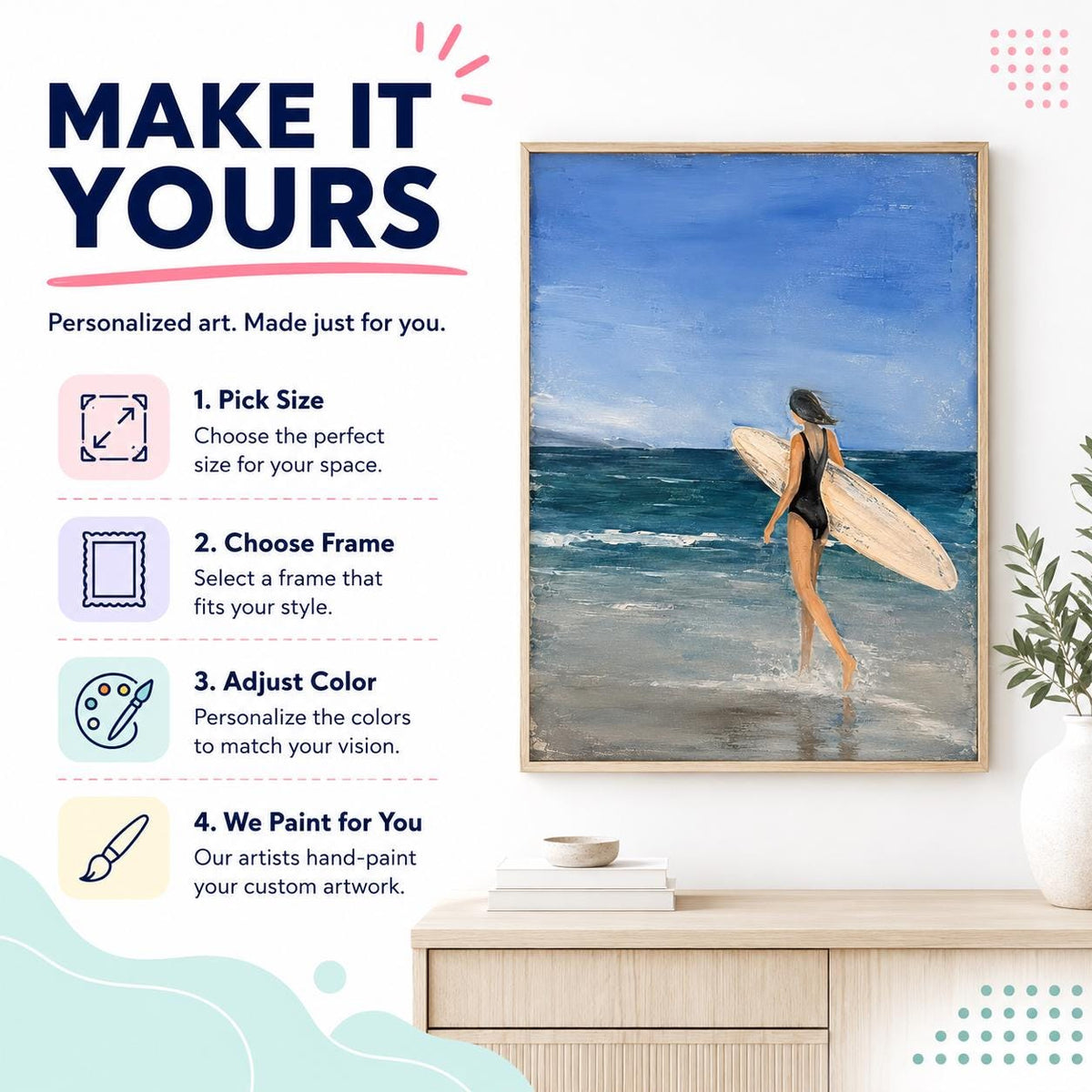 May include: A framed painting of a person in a black swimsuit walking into the ocean while carrying a surfboard. The text reads MAKE IT YOURS, Personalized art. Made just for you. 1. Pick Size, 2. Choose Frame, 3. Adjust Color, 4. We Paint for You.