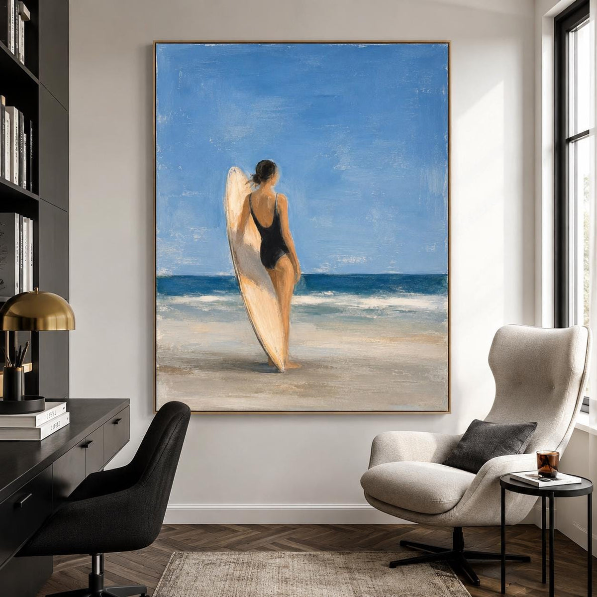 Surfboard Girl Wall Art Blue Coastal Figurative Canvas Painting for Bathroom Decor