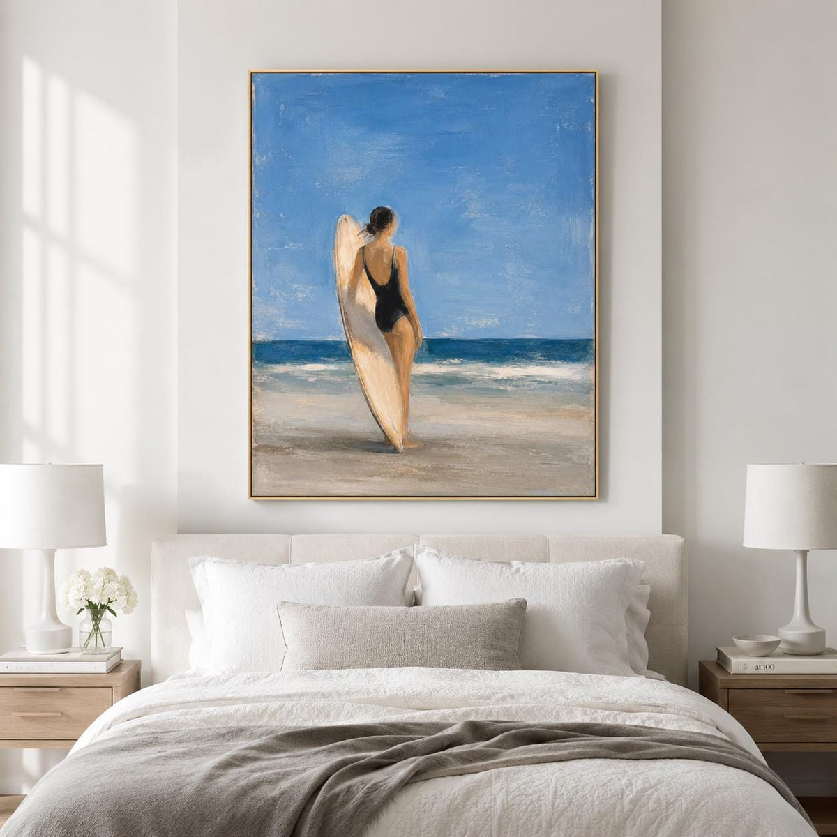 Surfboard Girl Wall Art Blue Coastal Figurative Canvas Painting for Bathroom Decor