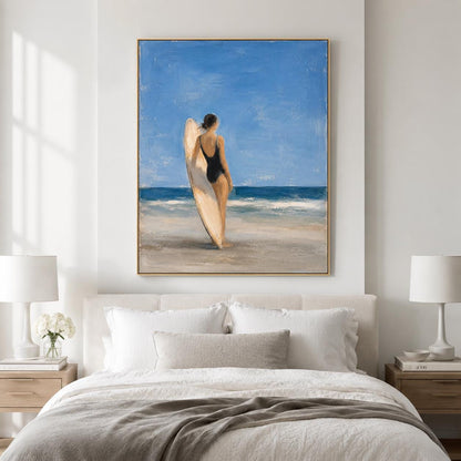 Surfboard Girl Wall Art Blue Coastal Figurative Canvas Painting for Bathroom Decor
