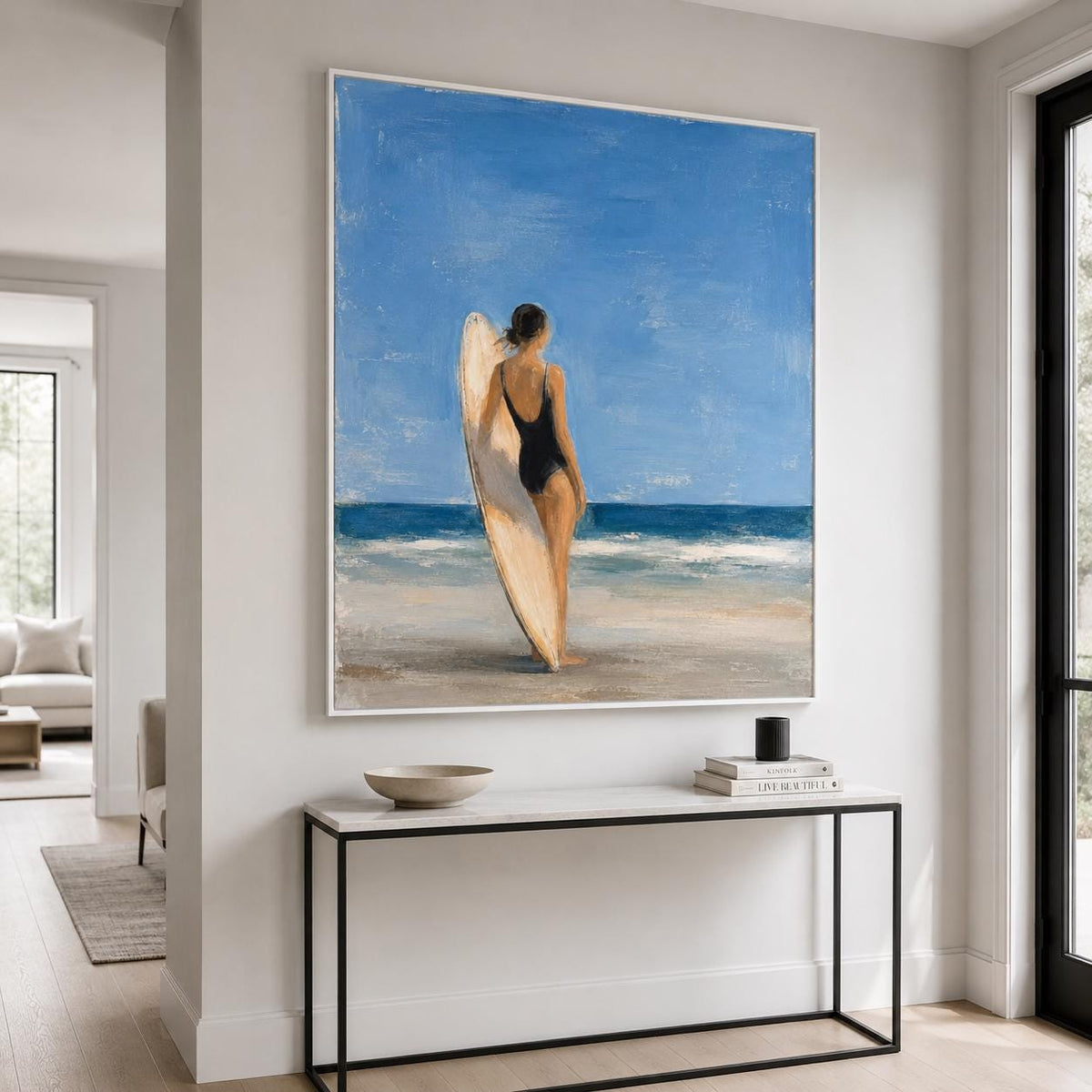 Surfboard Girl Wall Art Blue Coastal Figurative Canvas Painting for Bathroom Decor
