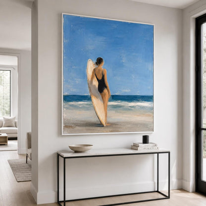 Surfboard Girl Wall Art Blue Coastal Figurative Canvas Painting for Bathroom Decor