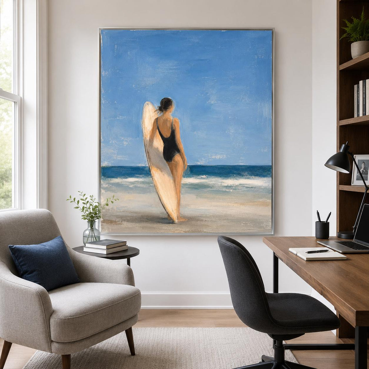 Surfboard Girl Wall Art Blue Coastal Figurative Canvas Painting for Bathroom Decor