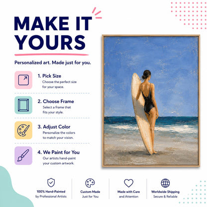 Surfboard Girl Wall Art Blue Coastal Figurative Canvas Painting for Bathroom Decor