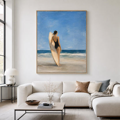 Surfboard Girl Wall Art Blue Coastal Figurative Canvas Painting for Bathroom Decor