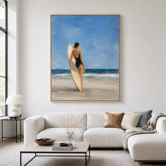 Surfboard Girl Wall Art Blue Coastal Figurative Canvas Painting for Bathroom Decor