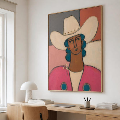 Cowgirl Portrait Wall Art Pink Western Figurative Canvas Painting for Modern Living Room Decor