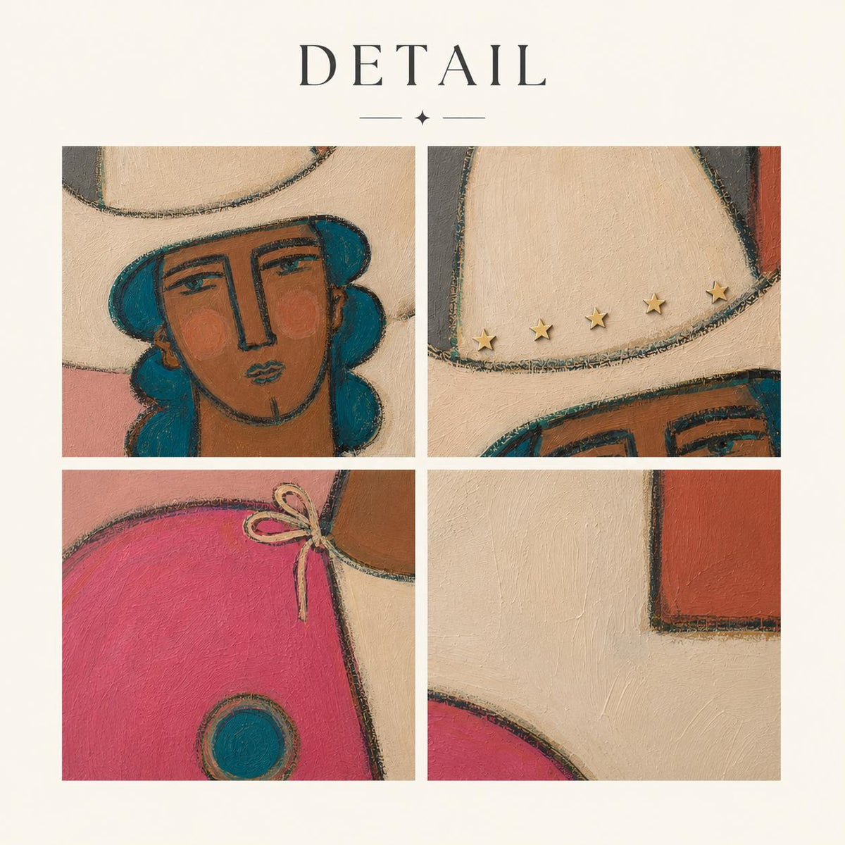May include: A four-panel grid painting detail featuring a person with blue hair wearing a white hat with five small gold stars. The composition includes a bright pink section with a tied cord and a circular blue accent, set against cream and red.