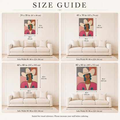 May include: A size guide chart for wall art featuring a stylized illustration of a person in a cowboy hat. The chart displays four scale options: 24x18 in, 40x30 in, 60x40 in, and 80x60 in, each shown above a sofa with a width of 90-96 inches.