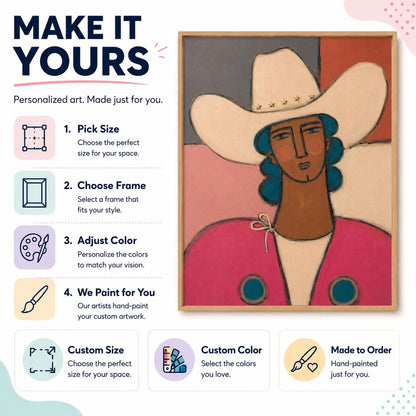 Cowgirl Portrait Wall Art Pink Western Figurative Canvas Painting for Modern Living Room Decor