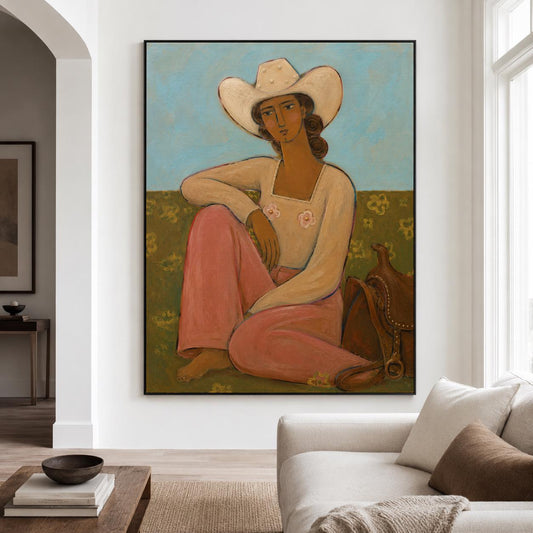 Cowgirl Portrait Wall Art Soft Western Figurative Canvas Painting for Modern Cozy Bedroom Decor