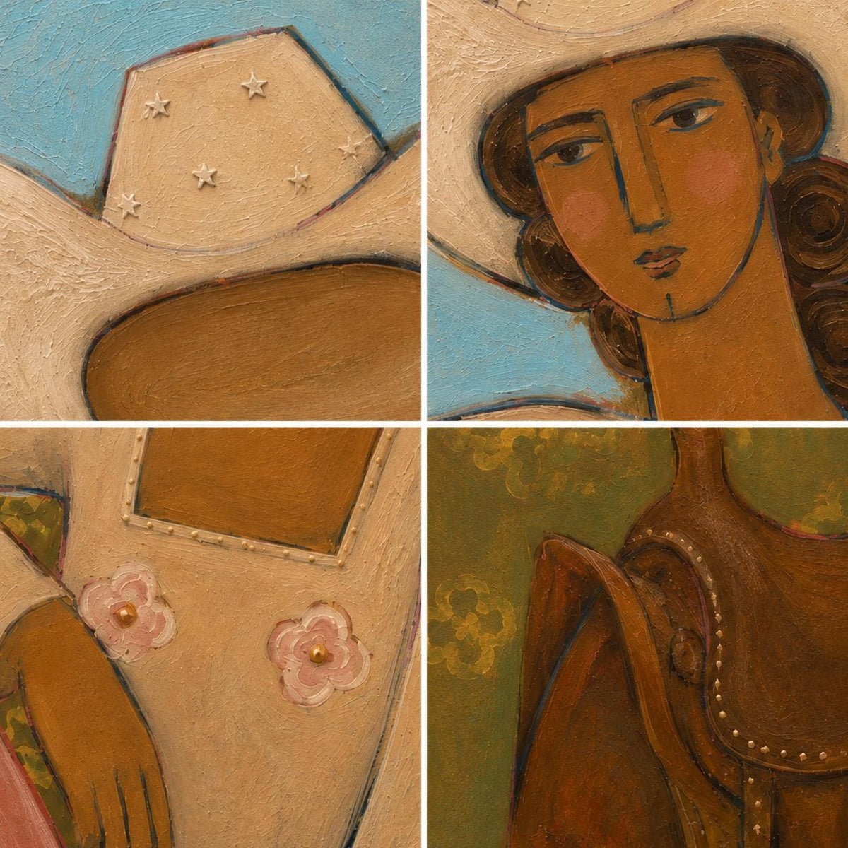 May include: A four-panel collage of oil paintings featuring a white cowboy hat with star accents, a portrait of a person with brown hair, a white garment with pink floral details, and a brown leather saddle against a green patterned background.