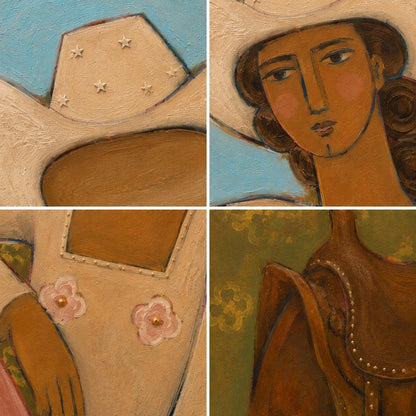May include: A four-panel collage of oil paintings featuring a white cowboy hat with star accents, a portrait of a person with brown hair, a white garment with pink floral details, and a brown leather saddle against a green patterned background.