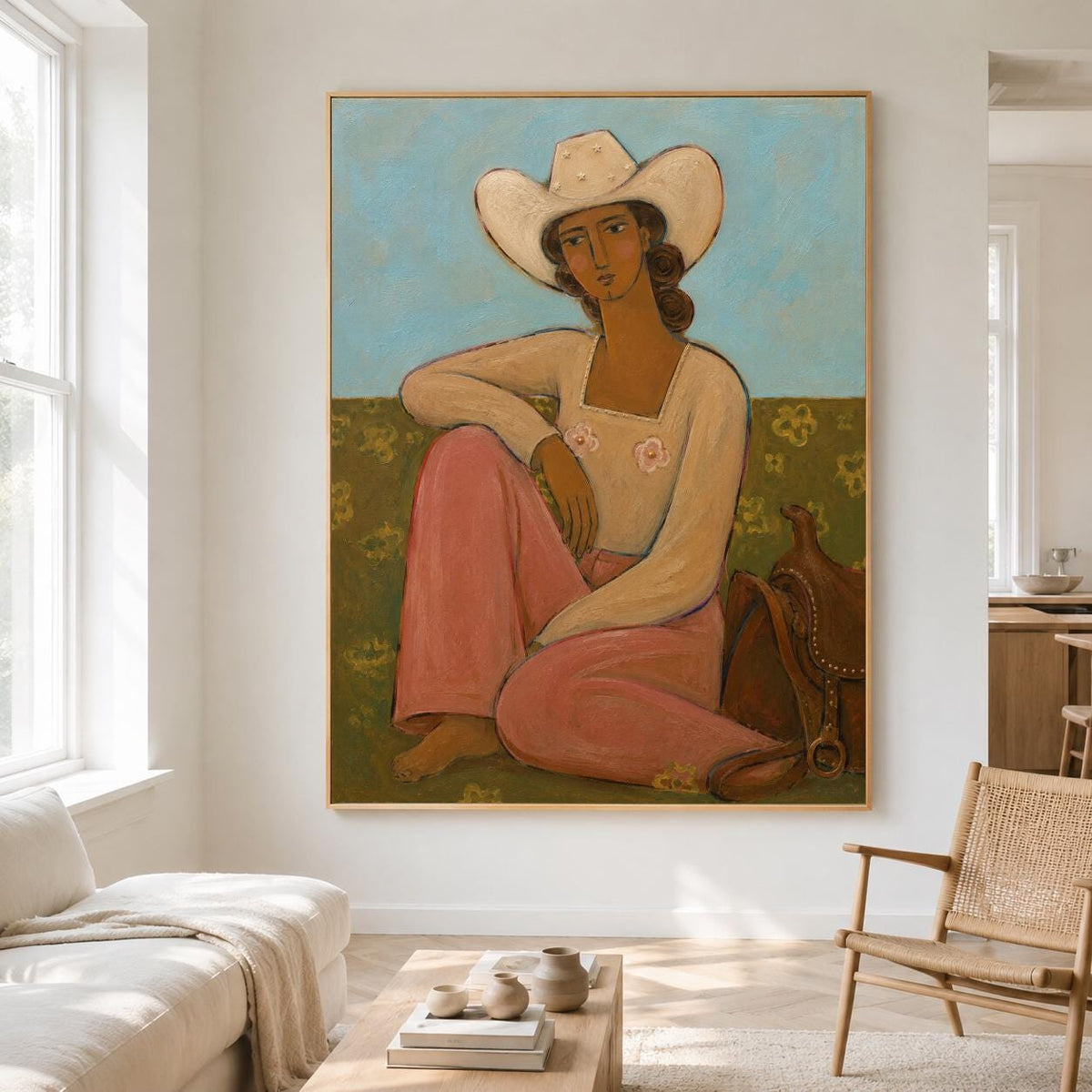 May include: A framed painting depicting a person wearing a white cowboy hat and a long-sleeved cream top with pink floral accents, paired with pink trousers. The person sits on a green patterned ground next to a brown leather saddle.