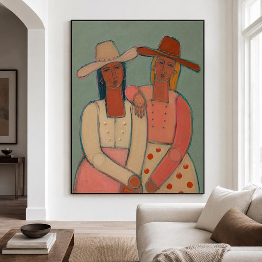 Cowgirl Duo Wall Art Western Figurative Portrait Canvas Painting for Eclectic Living Room Decor
