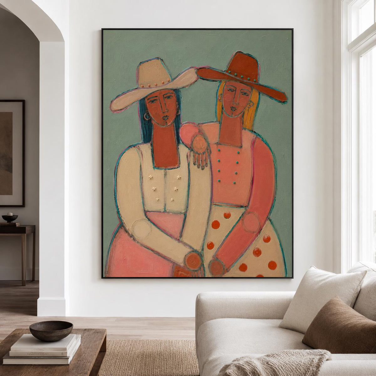 Cowgirl Duo Wall Art Western Figurative Portrait Canvas Painting for Eclectic Living Room Decor
