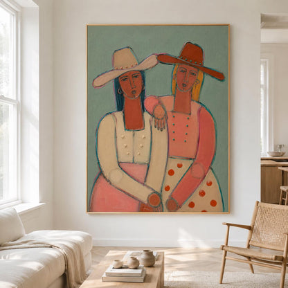 May include: A framed wall art print featuring a stylized painting of two figures wearing cowboy hats. The figure on the left wears a cream top and pink skirt, while the figure on the right wears a pink top with red polka dots on a cream skirt.