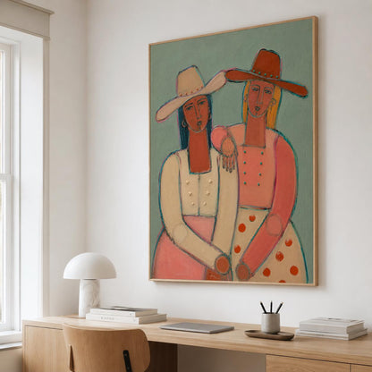 May include: A framed wall art print featuring a stylized painting of two figures wearing wide-brimmed hats. The figure on the left wears a cream top and pink skirt, while the figure on the right wears a coral top and a white skirt with orange dots.