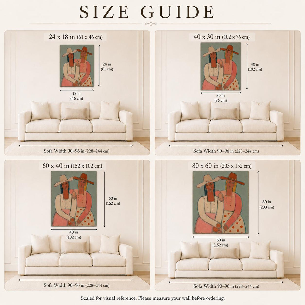 May include: A size guide chart featuring four illustrations of a wall art print depicting two figures in hats, displayed above a sofa. The dimensions are labeled in inches and centimeters, ranging from 24x18 inches to 80x60 inches for scale.