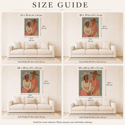 May include: A size guide chart featuring four illustrations of a wall art print depicting two figures in hats, displayed above a sofa. The dimensions are labeled in inches and centimeters, ranging from 24x18 inches to 80x60 inches for scale.