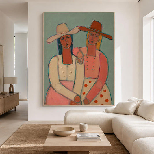 May include: A large rectangular wall painting featuring two figures wearing cowboy hats. The figure on the left wears a cream top with star details and a pink skirt. The figure on the right wears a pink top and a white skirt with red polka dots.