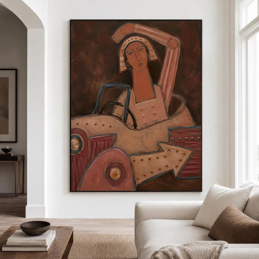 May include: A framed oil painting featuring a stylized figure with a long neck and head covering, seated in a vintage-style vehicle. The composition uses a palette of deep browns, muted reds, and cream tones, incorporating an arrow shape.