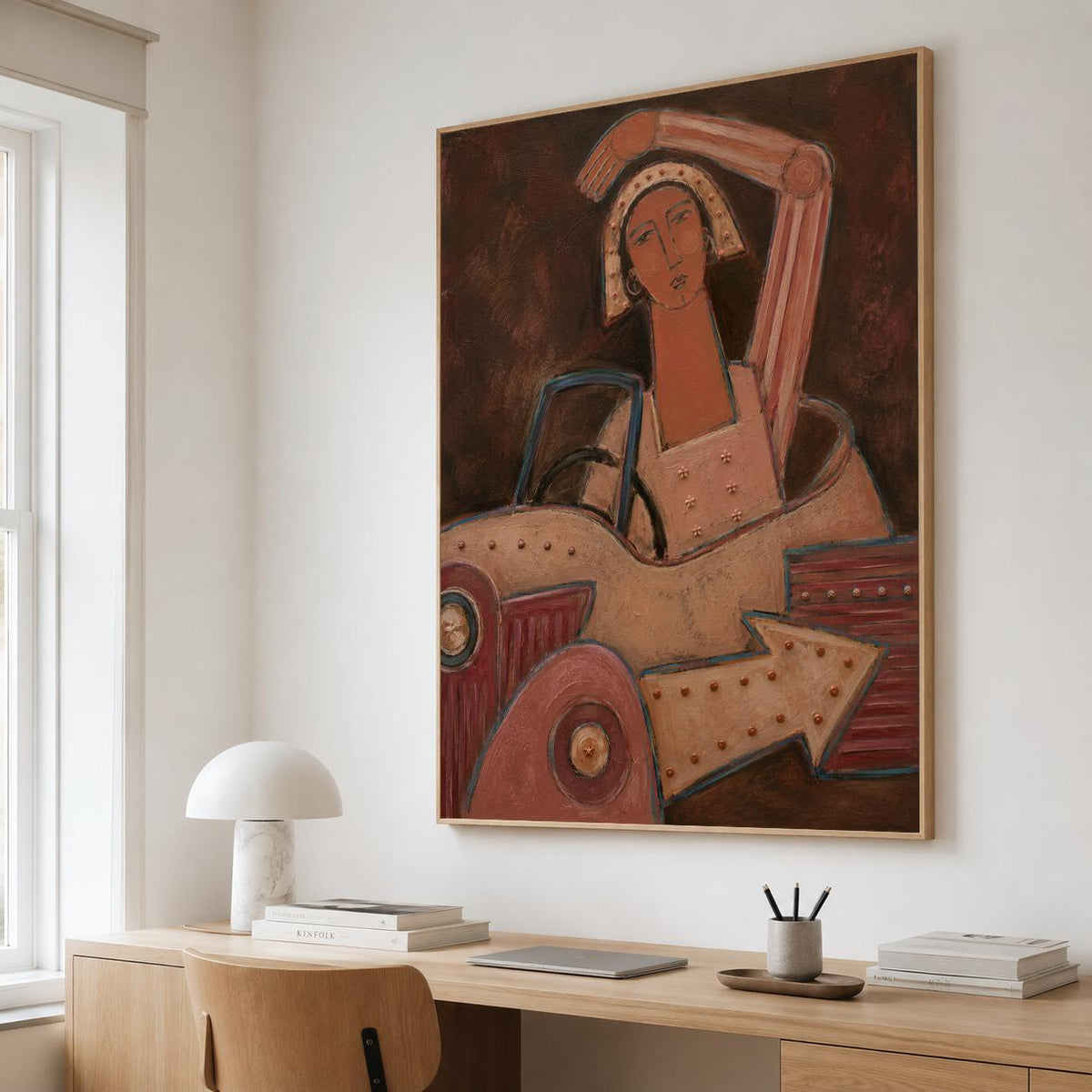 May include: A framed painting featuring a stylized figure with a head covering sitting in a vehicle. The artwork uses a palette of deep browns, muted reds, and beige tones. The figure has one arm raised, and the vehicle includes a prominent arrow shape.