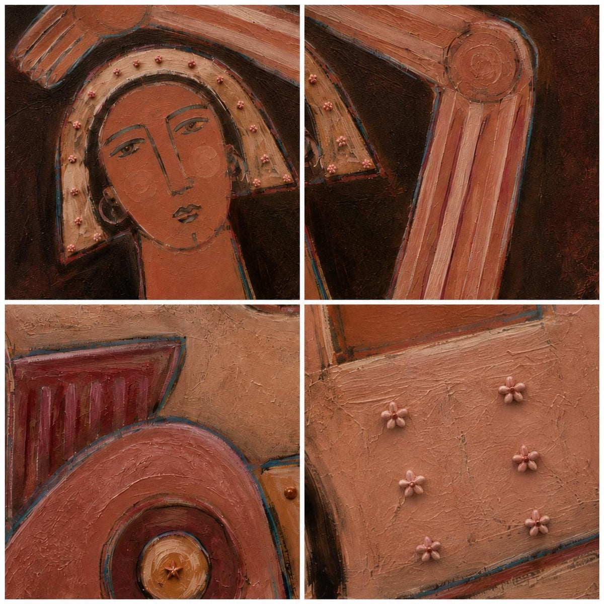 May include: A four-panel collage of a textured painting featuring a stylized figure with a headpiece, geometric shapes, and raised floral embellishments in shades of terracotta, brown, and cream. The artwork displays thick brushstrokes and relief details.
