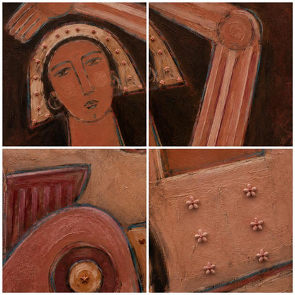 May include: A four-panel collage of a textured painting featuring a stylized figure with a headpiece, geometric shapes, and raised floral embellishments in shades of terracotta, brown, and cream. The artwork displays thick brushstrokes and relief details.