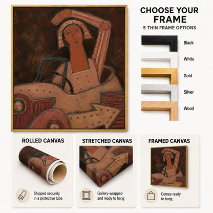 May include: A painting of a person in a car with text CHOOSE YOUR FRAME, 5 THIN FRAME OPTIONS, Black, White, Gold, Silver, Wood, ROLLED CANVAS, STRETCHED CANVAS, and FRAMED CANVAS. The artwork features a person with a tan complexion in a brown car.