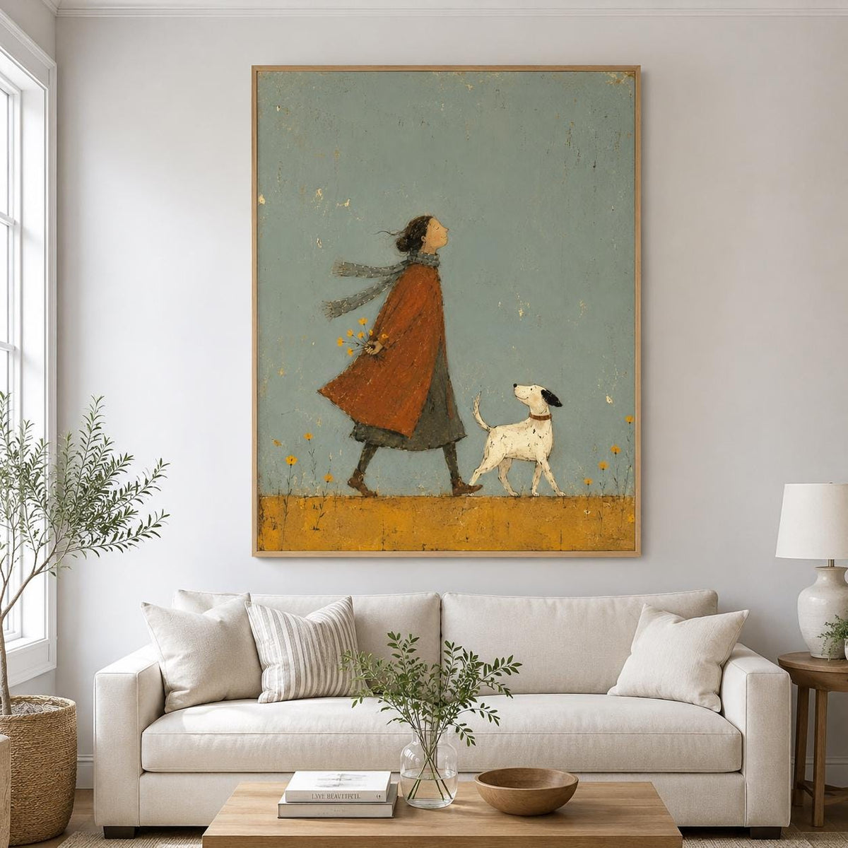 May include: A framed wall art print featuring a stylized illustration of a person in a long orange coat and scarf walking with a small white dog. The scene is set against a muted sage green background with yellow flowers and a golden brown ground.