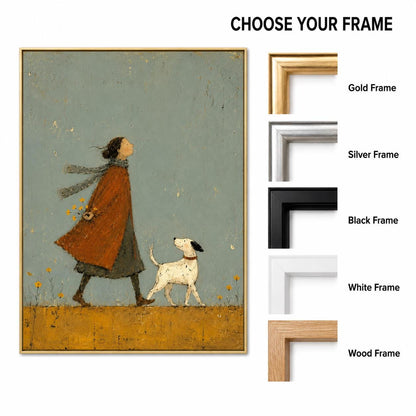 May include: A framed wall art print featuring a person in a rust-colored coat and a scarf walking a white dog with black spots across a golden field against a muted blue background. The text CHOOSE YOUR FRAME appears next to five frame options.
