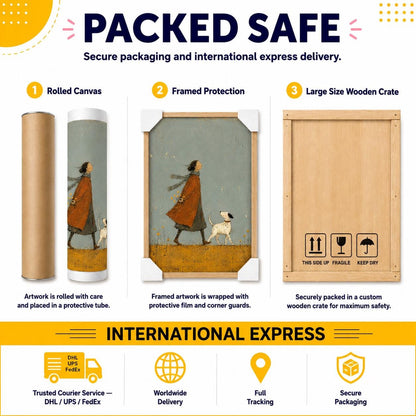 May include: A visual guide showing three packaging methods for artwork: a rolled canvas in a protective tube, a framed print with corner guards, and a large wooden crate. The artwork depicts a person in a red coat walking a dog in a field.