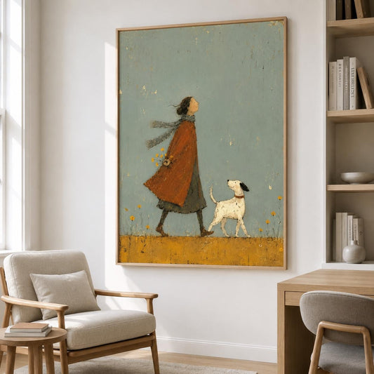 May include: A framed wall art print featuring a stylized illustration of a person in a long orange coat and a scarf walking with a small white dog with black spots. The scene is set against a muted sage green background with yellow flowers.