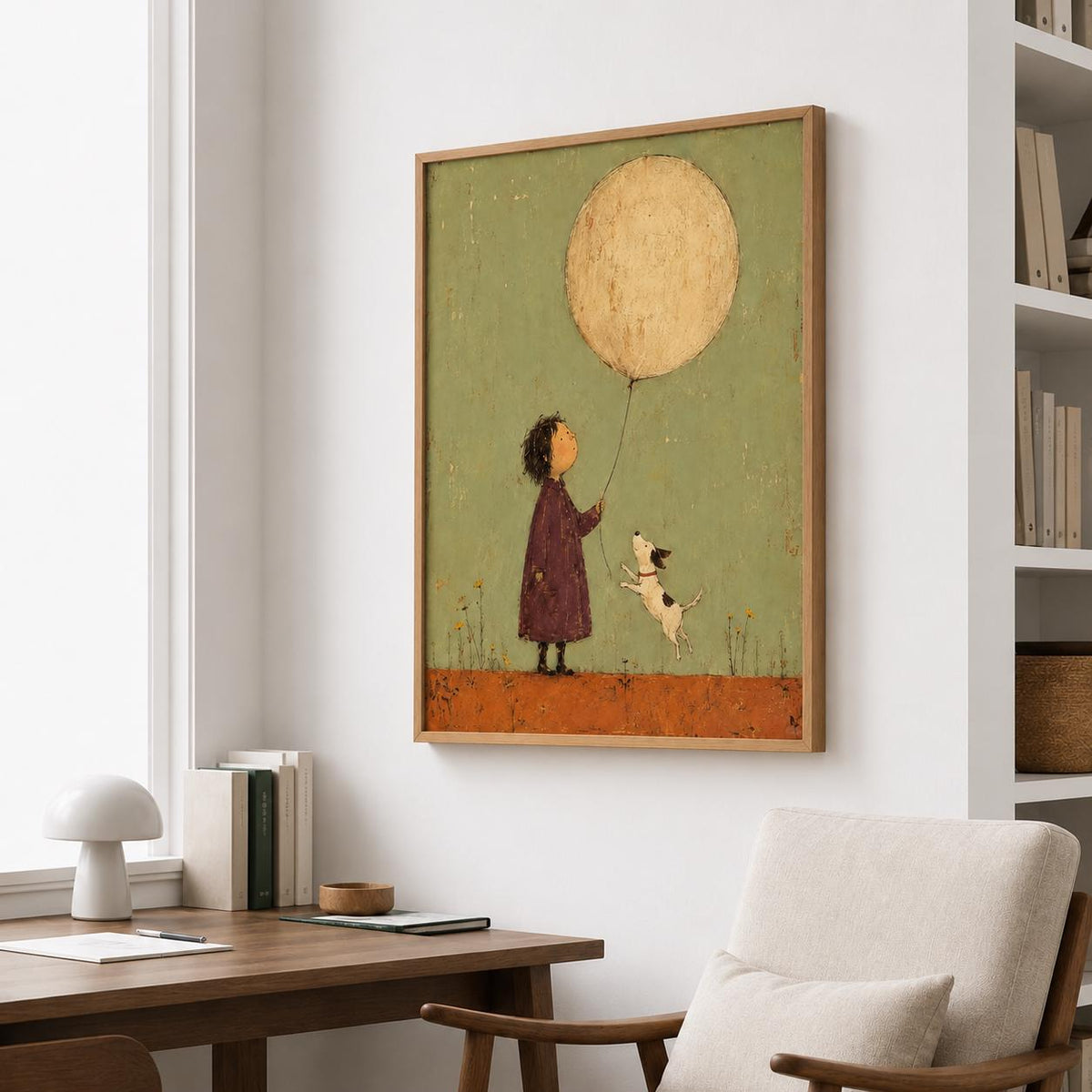 May include: A framed wall art print featuring a child in a dark purple coat holding a string attached to a large, textured beige circular balloon. A small white dog with black spots jumps toward the balloon against a muted green background.