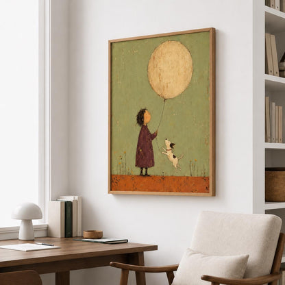 May include: A framed wall art print featuring a child in a dark purple coat holding a string attached to a large, textured beige circular balloon. A small white dog with black spots jumps toward the balloon against a muted green background.