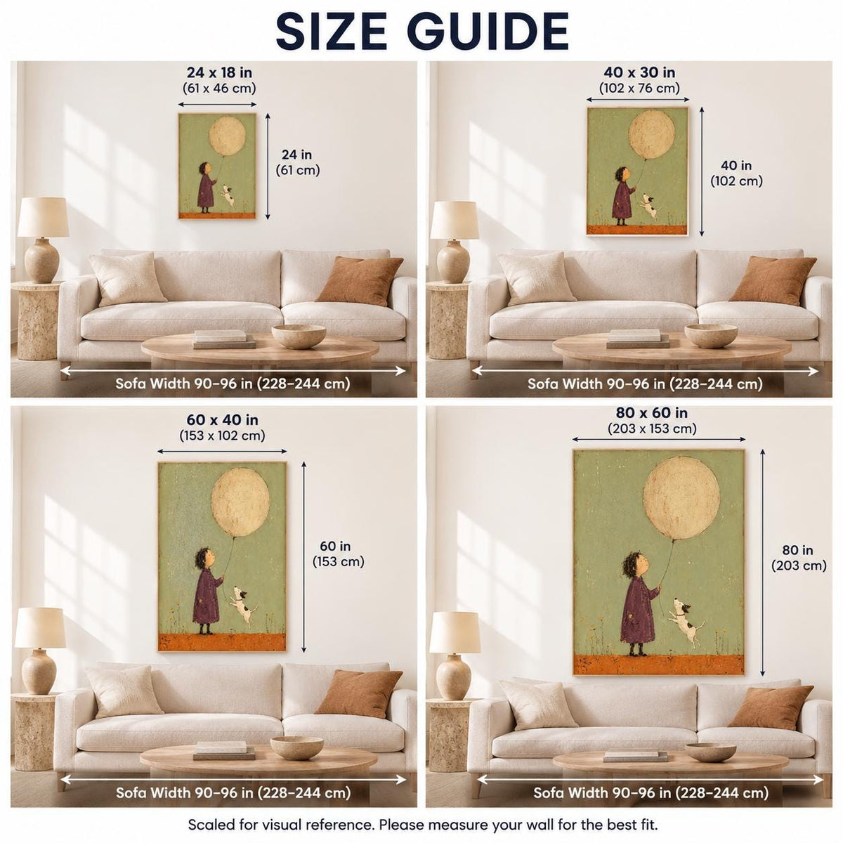 May include: A size guide for wall art featuring a illustration of a person holding a large balloon with a dog. The guide displays four different print sizes ranging from 24 by 18 inches to 80 by 60 inches, shown hanging above a sofa for scale.