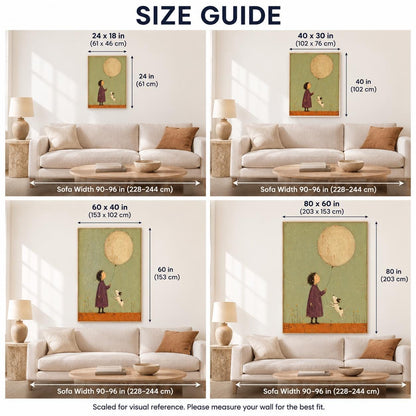 May include: A size guide for wall art featuring a illustration of a person holding a large balloon with a dog. The guide displays four different print sizes ranging from 24 by 18 inches to 80 by 60 inches, shown hanging above a sofa for scale.