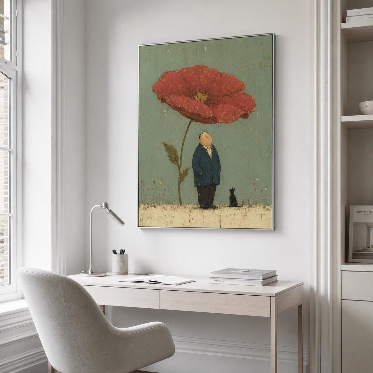 May include: A framed wall art print featuring a large red poppy flower on a muted green background. Below the flower stands a person in a dark blue suit and a small black cat. The scene is set on a textured, light-colored ground surface.