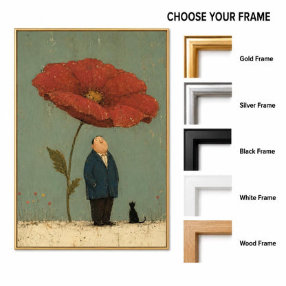 May include: A framed wall art print featuring a large red poppy flower over a person in a blue coat and a black cat, set against a muted green background. To the right, text reads CHOOSE YOUR FRAME with options for Gold, Silver, Black, White, and Wood.