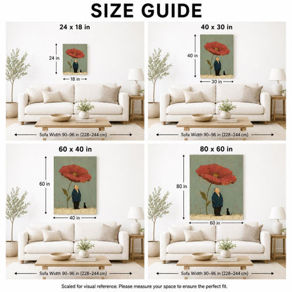 May include: A size guide for wall art featuring four panels showing a painting of a person standing under a large red poppy flower next to a small black cat. The sizes displayed are 24x18 in, 40x30 in, 60x40 in, and 80x60 in above a sofa.