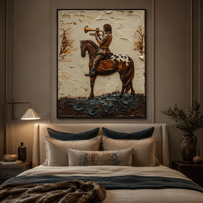 Boy Horse Trumpet Painting Vintage Storybook Canvas Whimsical Wall Art Decor – Gold and Grey Horse Animal Wall Art | Impasto 
