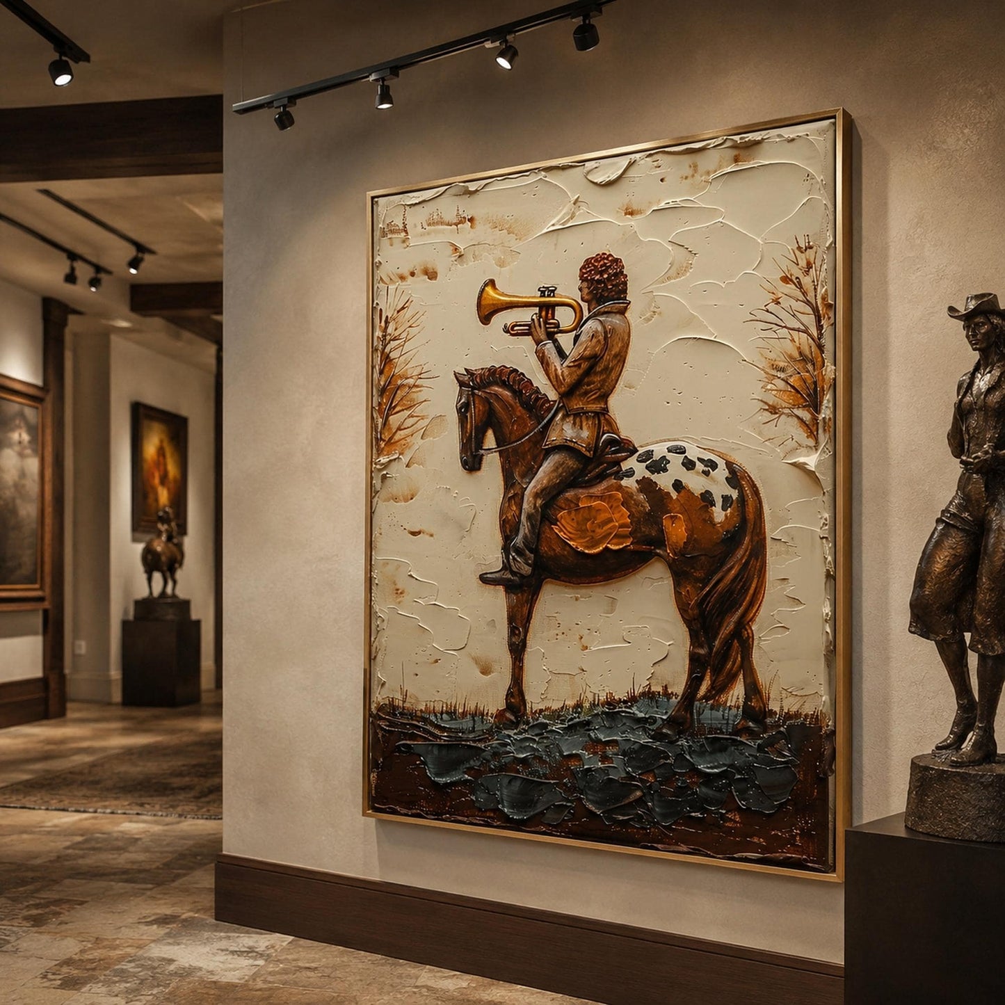 Boy Horse Trumpet Painting Vintage Storybook Canvas Whimsical Wall Art Decor – Gold and Grey Horse Animal Wall Art | Impasto 