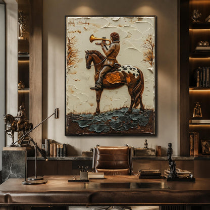 Boy Horse Trumpet Painting Vintage Storybook Canvas Whimsical Wall Art Decor – Gold and Grey Horse Animal Wall Art | Impasto 