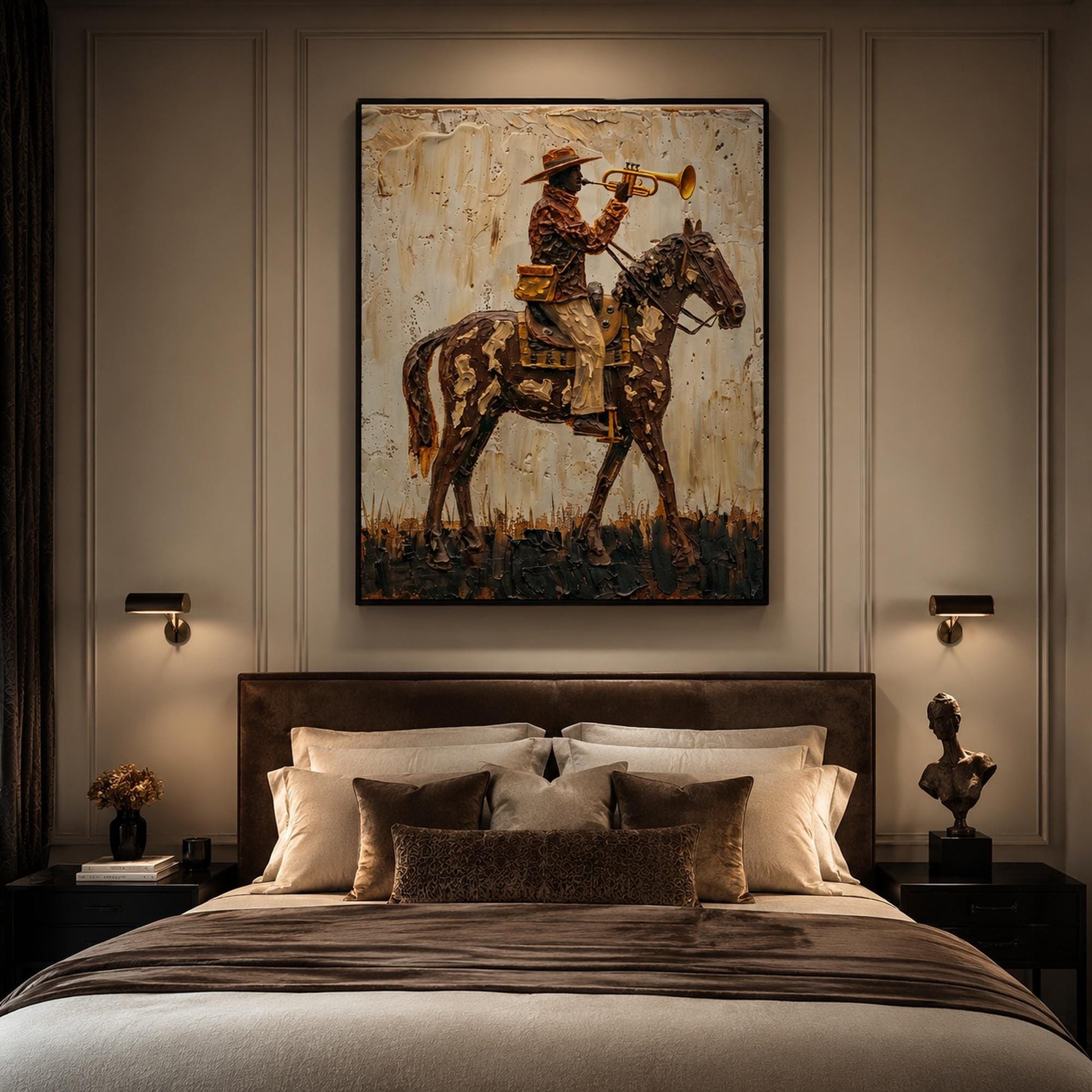 Cowboy Horse Trumpet Painting Western Vintage Canvas Rustic Wall Art Decor – Gold and Cream Horse Animal Wall Art | Impasto P